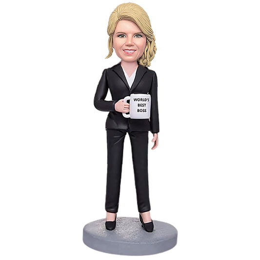 Custom Bobblehead: World's Best Boss Businesswoman with Engraved Text, Holding a Glass of Water - Unique Business Gift