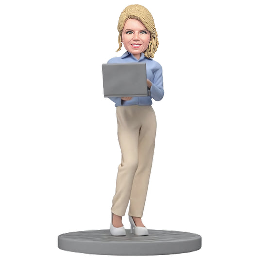 Custom Bobblehead: Female Executive Working on Laptop Bobblehead, Ideal Boss's Day Gift