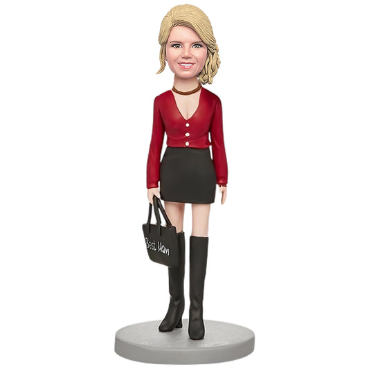 Custom Bobblehead: Best Mom in Red Top and Black Skirt Bobblehead, Engraved with “Best Mom”