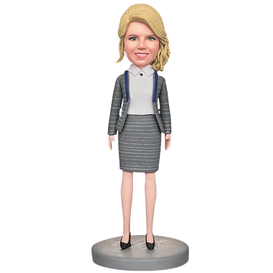 Custom Bobblehead: Elegantly Dressed Businesswoman Bobblehead, Featuring Personalized Engraved Text