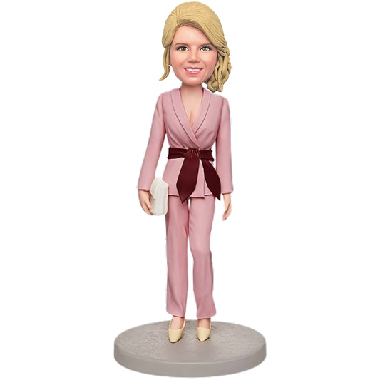 Custom Bobblehead: Stylish Office Lady in a Pink Suit, Tailored Bobblehead with Personalized Engraved Text