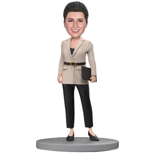 Custom Bobblehead: Professional Office Lady in Beige Jacket and Black Pants, Personalized Bobblehead with Custom Engraved Message