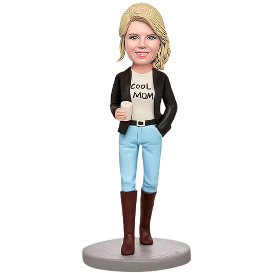 Custom Bobblehead: “Chic Mama” Sipping Coffee Bobblehead, Personalized with Engraved Message