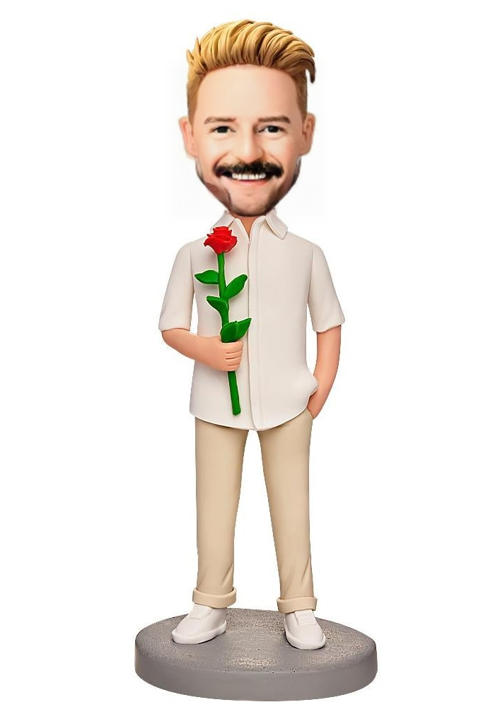 Man Holding Rose Custom Bobblehead With Engraved Text