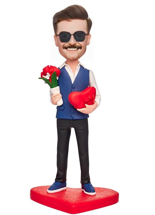 Man Holding a Bouquet of Roses and a Heart Custom Bobblehead With Engraved Text