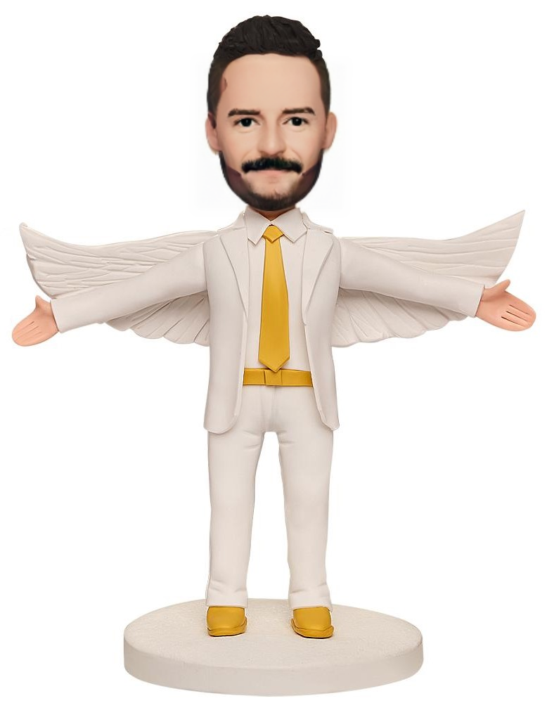 Male White Suit with Wings Custom Bobblehead With Engraved Text