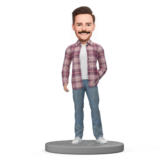 Custom Bobblehead Casual Men in A Plaid Shirt With Text