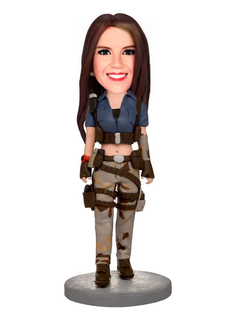 Holding A Gun Female Custom Bobblehead With Engraved Text