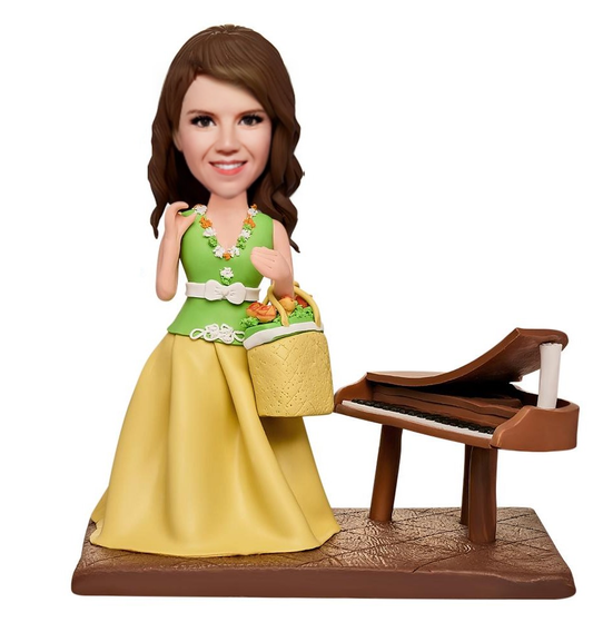 Female Pianist Standing by Piano Custom Bobblehead With Engraved Text