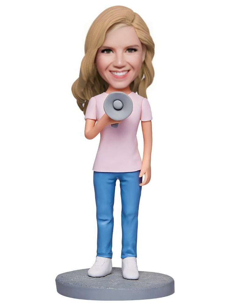 Female Holding A Megaphone Custom Bobblehead With Engraved Text