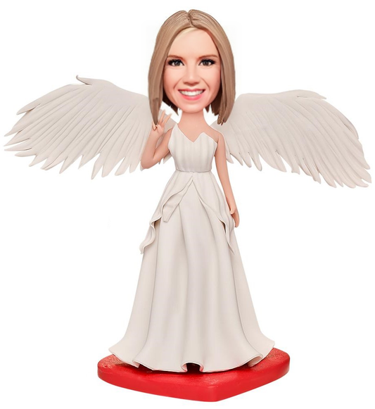 Female White Dressing with Wings Custom Bobblehead With Engraved Text