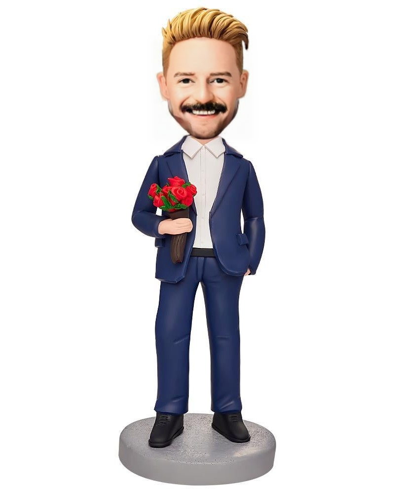 Cool Man Holding a Bouquet of Roses Custom Bobblehead With Engraved Text