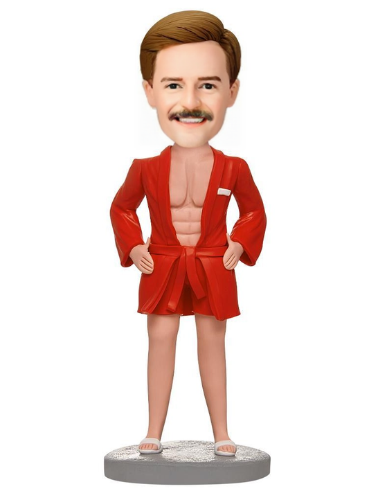 Casual Man In Red Pajama Suit Custom Bobblehead With Engraved Text