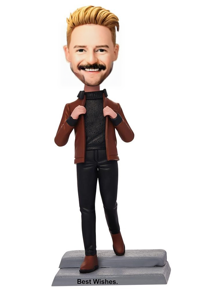 Casual Man In Brown Jacket Custom Bobblehead With Engraved Text