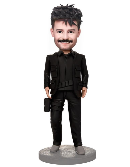 Black Suit Cool Man Custom Bobblehead With Engraved Text