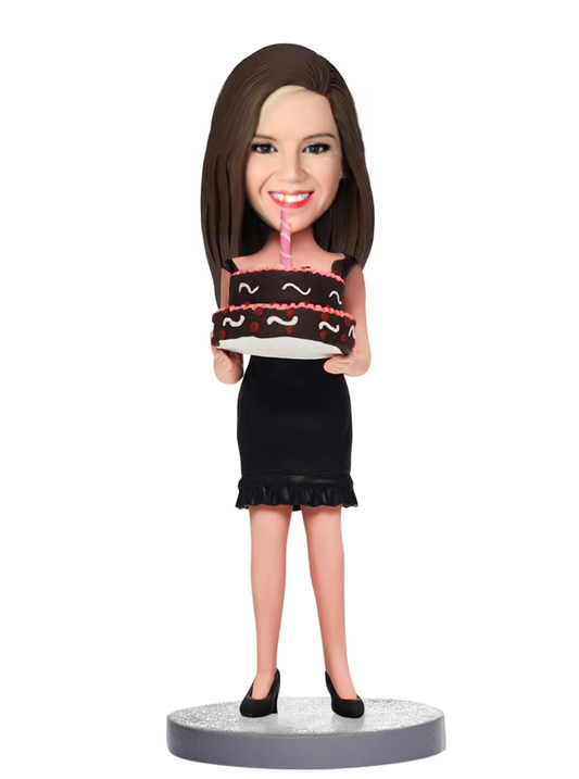 Birthday Gifts - Woman Holding Birthday Cake Custom Bobblehead With Engraved Text