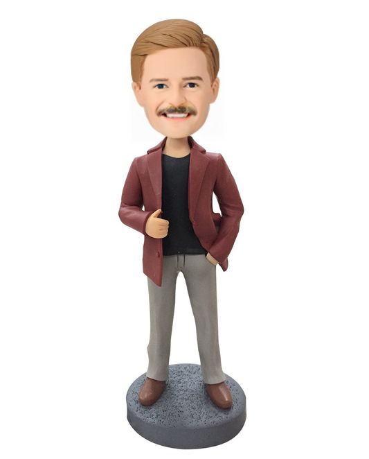 Man In Leather Jacket Custom Bobblehead With Engraved Text