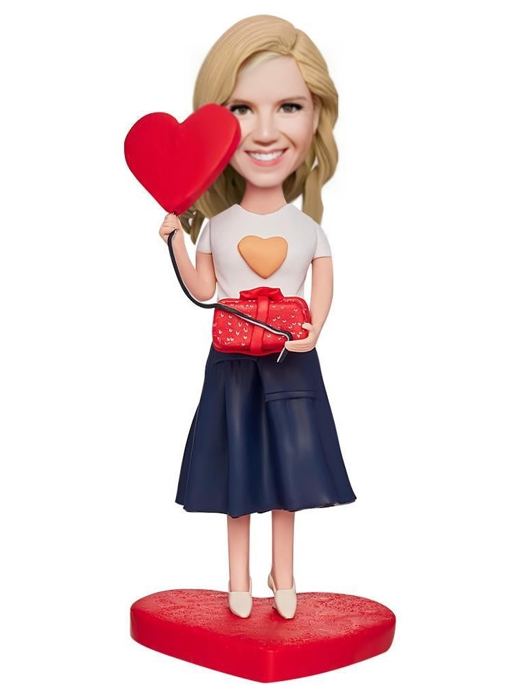 Beautiful Girl Holding a Gift Box and a Love Heart Custom Bobblehead With Engraved Text