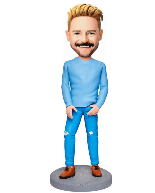 Blue Suit Casual Man Custom Bobblehead With Engraved Text