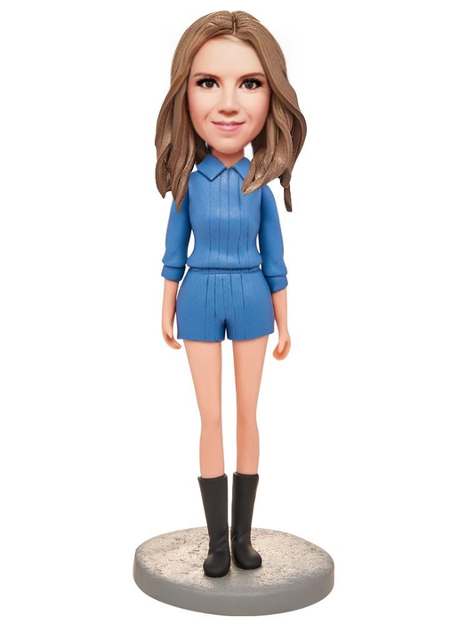 Blue Suit Casual Woman Custom Bobblehead With Engraved Text