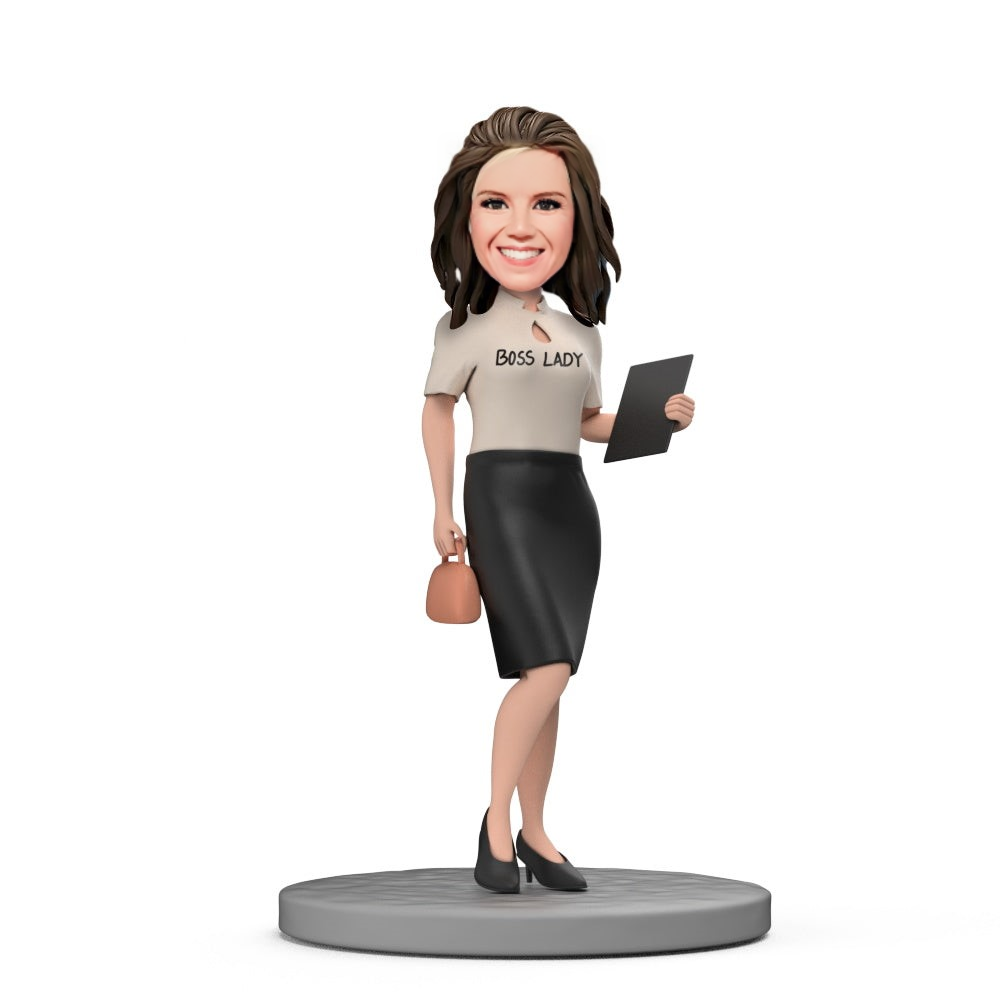 White Blouse and Skirt Holding Documents Boss Lady Custom Bobblehead with Engraved Text