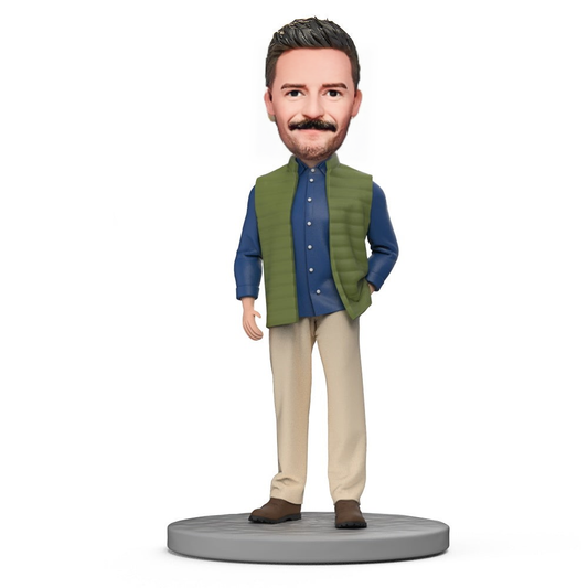 Blue Shirt And Green Vest Custom Bobblehead With Engraved Text