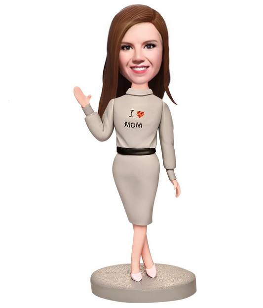 Mother in Grey Dress Custom Bobblehead with Engraved Text