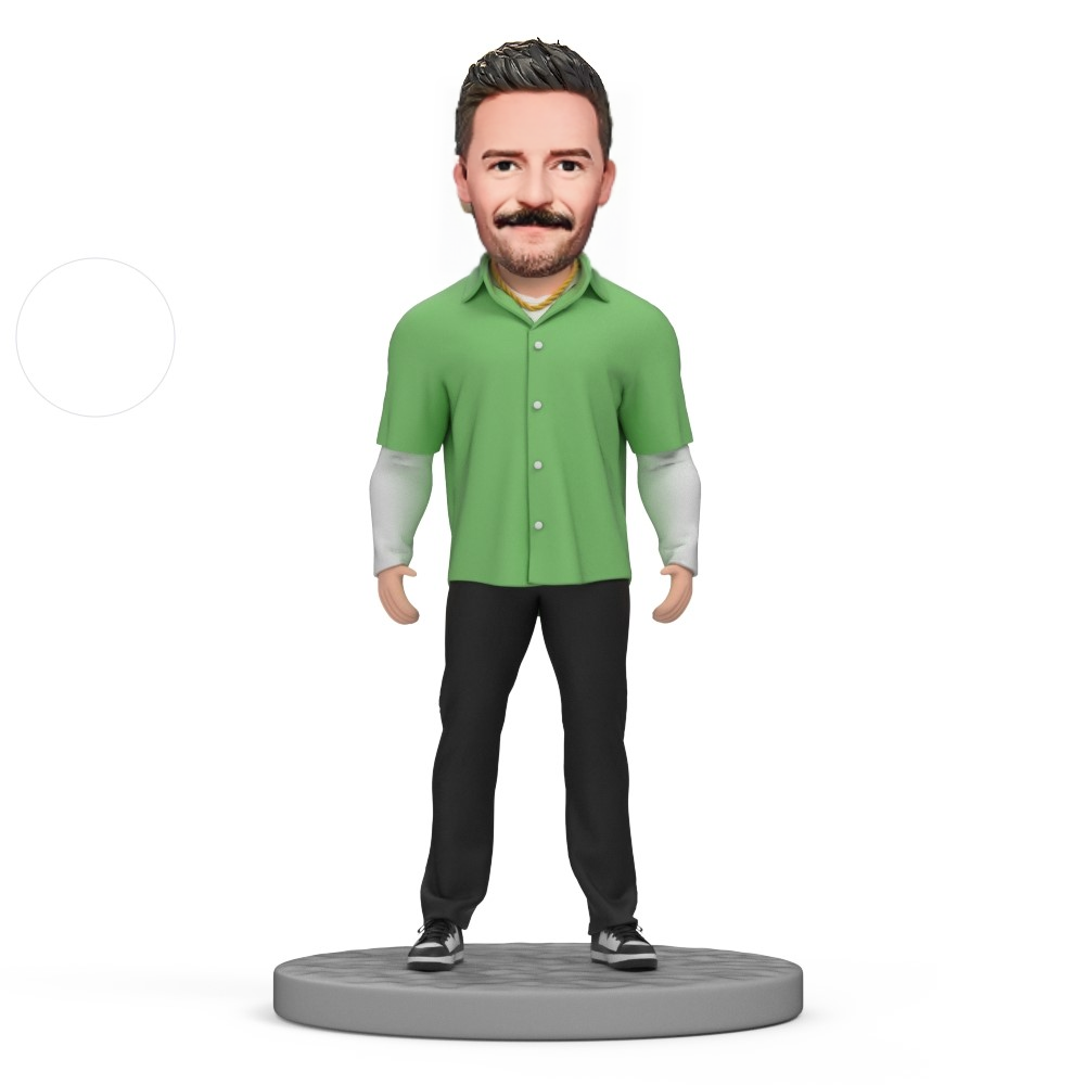 Custom Bobblehead Casual Man in A Green Shirt Bobblehead With Text