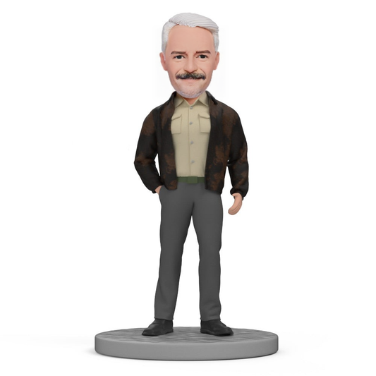 Custom Wearing Shirt &amp; Jacket Retro Old Man Bobblehead With Text