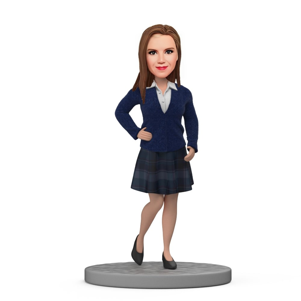 Schoolgirl in School Uniform Custom Bobblehead With Text