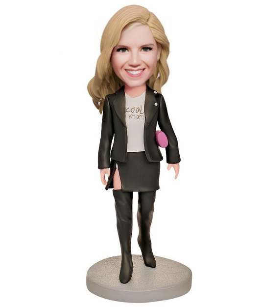 Super Cool Mom in Black Suit Custom Bobblehead with Engraved Text