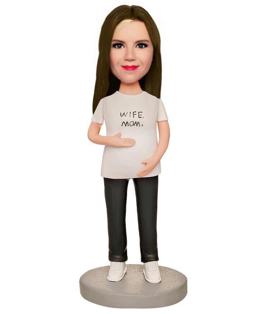 Pregnant Woman in White T-shirt Custom Bobblehead with Engraved Text