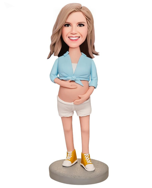 Pregnant Woman in Blue Custom Bobblehead with Engraved Text