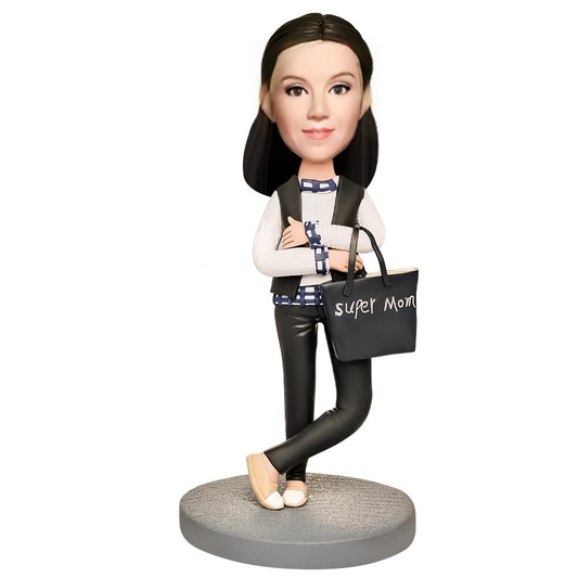 Mom in a Black Jacket Custom Bobblehead with Engraved Text