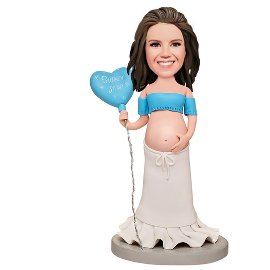 Pregnant Super Mom Holding Balloon Custom Bobblehead With Engraved Text