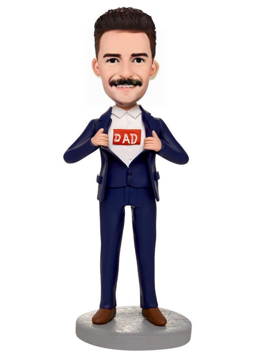 Business Blue Suit Super Dad Superhero Custom Bobblehead With Engraved Text