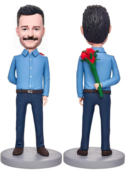 Man With A Rose Behind Him Custom Bobblehead With Engraved Text