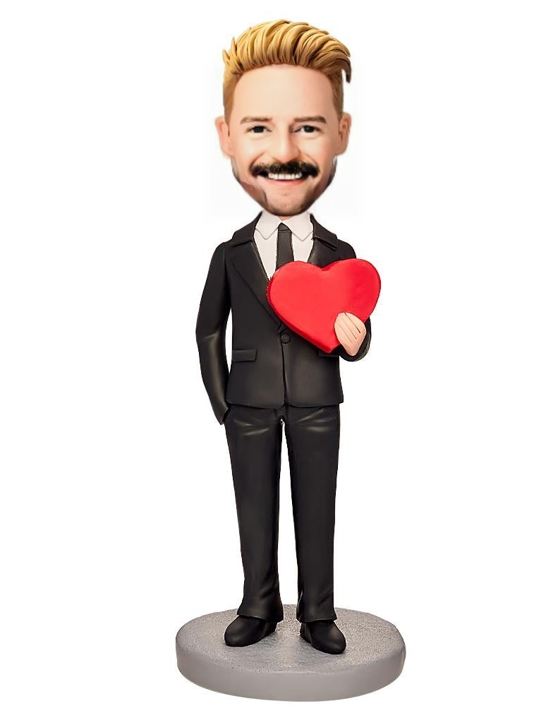 Man Holding A Love Heart Custom Bobblehead With Engraved Text