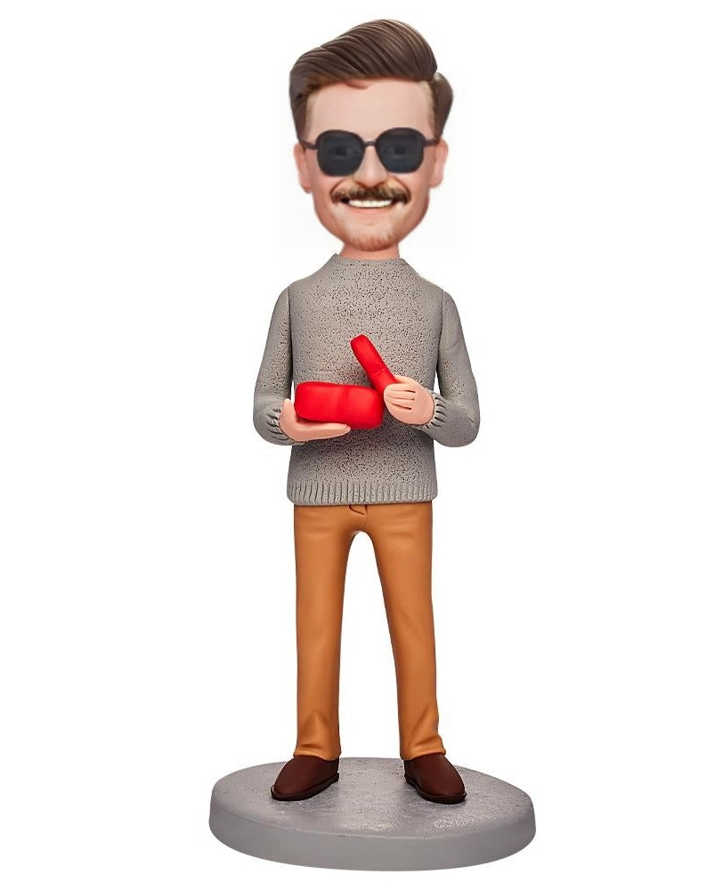 Man Holding A Heart-shaped Gift Custom Bobblehead With Engraved Text