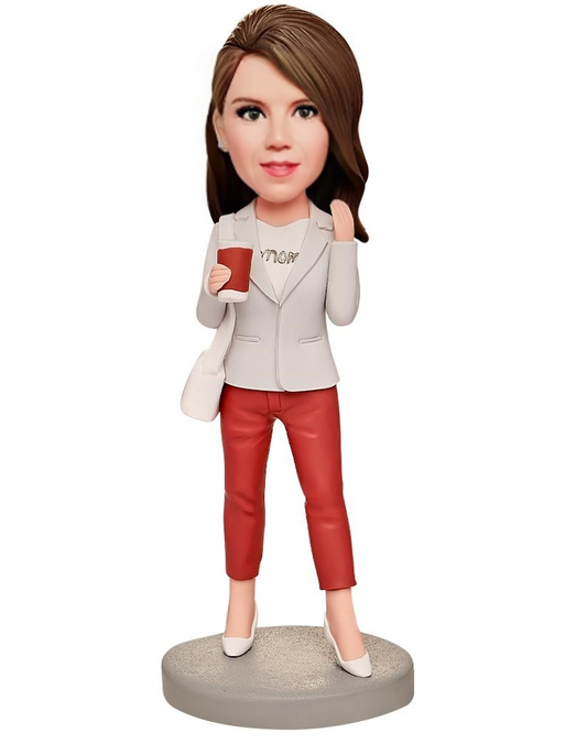 Mom Holding Coffee Cup Custom Bobblehead with Engraved Text