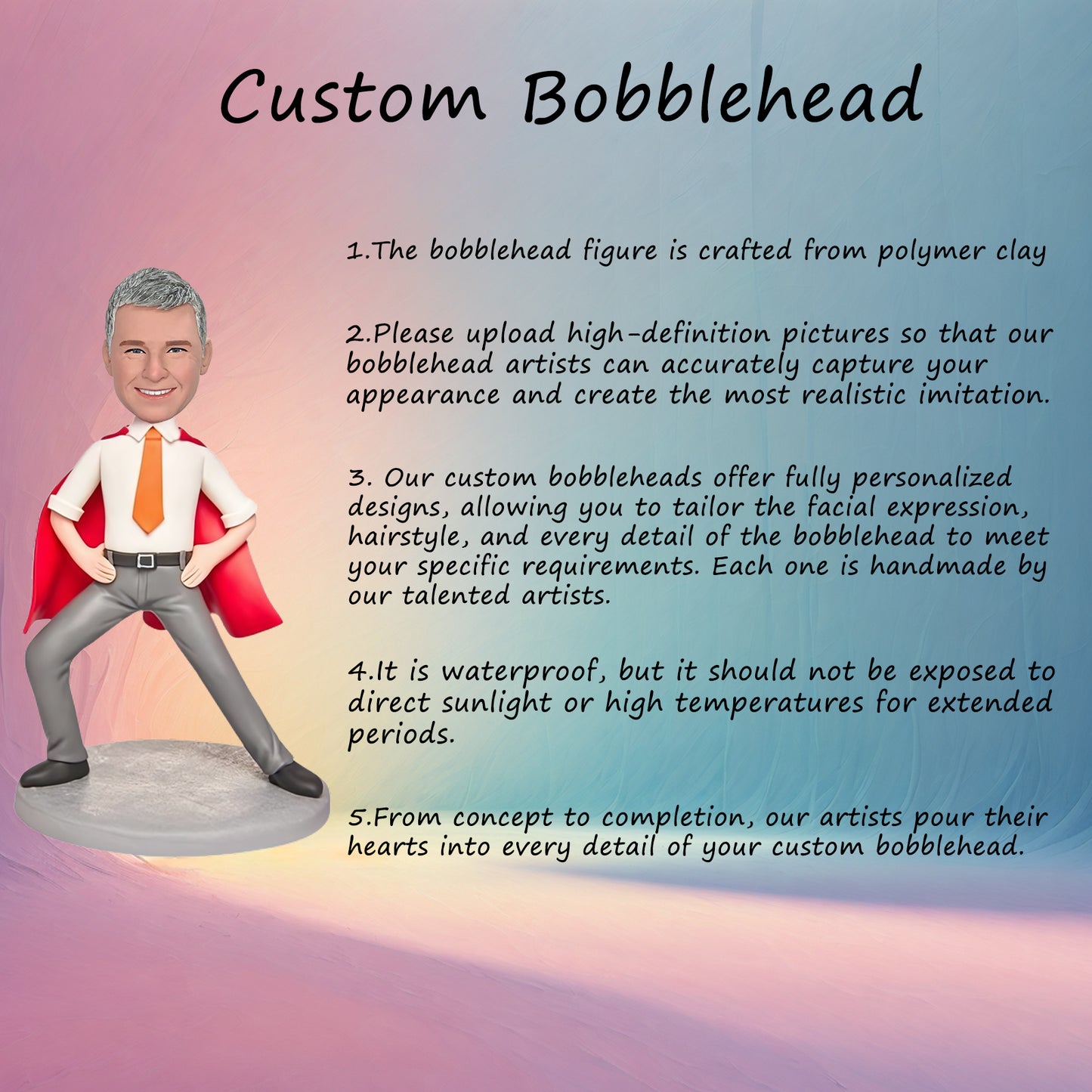 Custom Bobblehead of Business Men in Red Cape Suit, Text Engraved