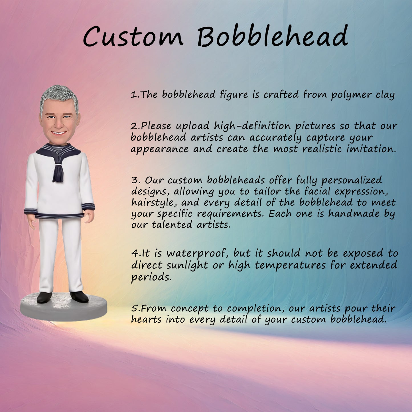 Custom Bobblehead: Sea-striped Shirt Man - This bobblehead features a man in a striped shirt, perfect for nautical or beach themes. Personalize it with engraved text for a unique gift.