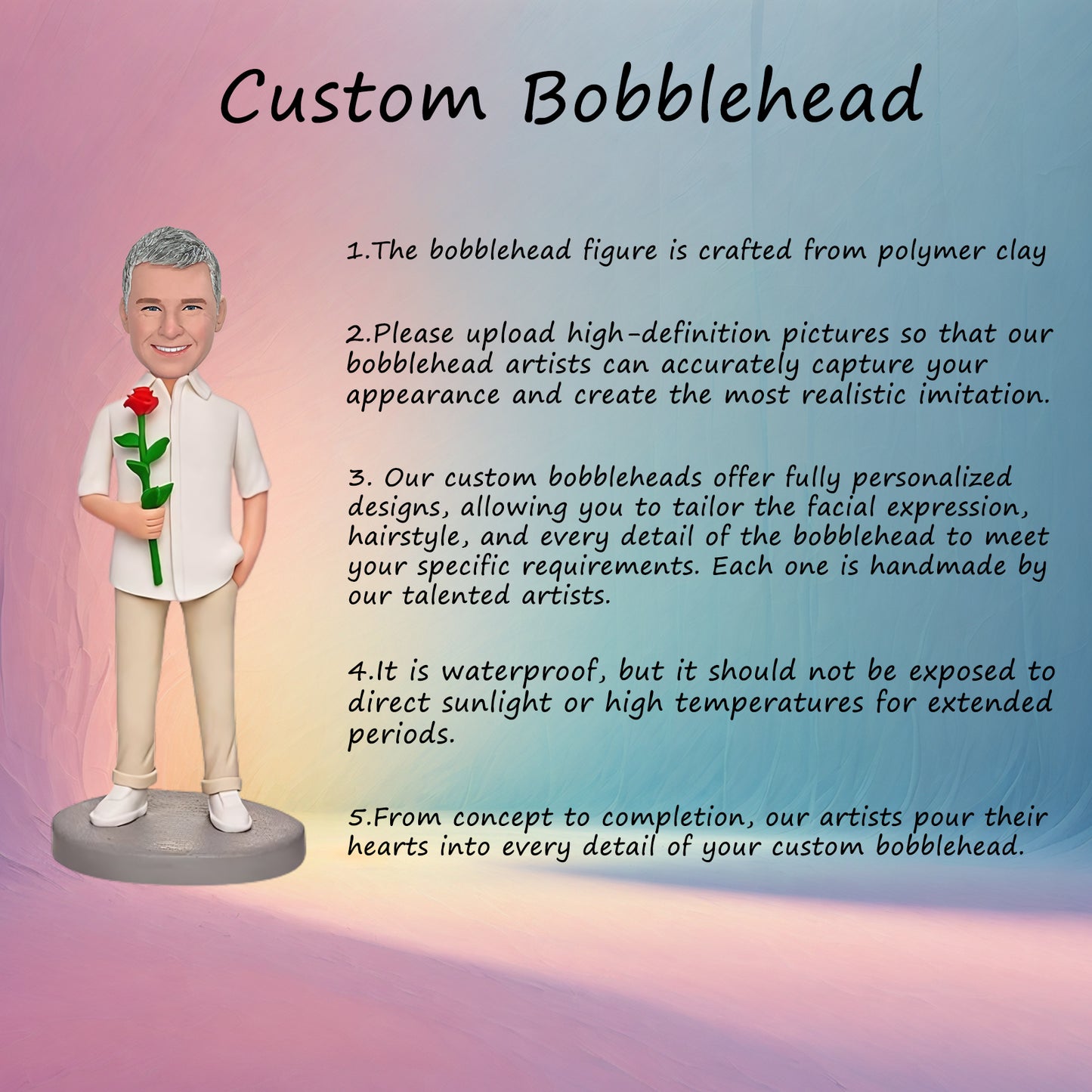 Custom Bobblehead: Man with Rose - This elegant bobblehead features a man gracefully holding a rose. Personalize it with engraved text to create a thoughtful and romantic gift.