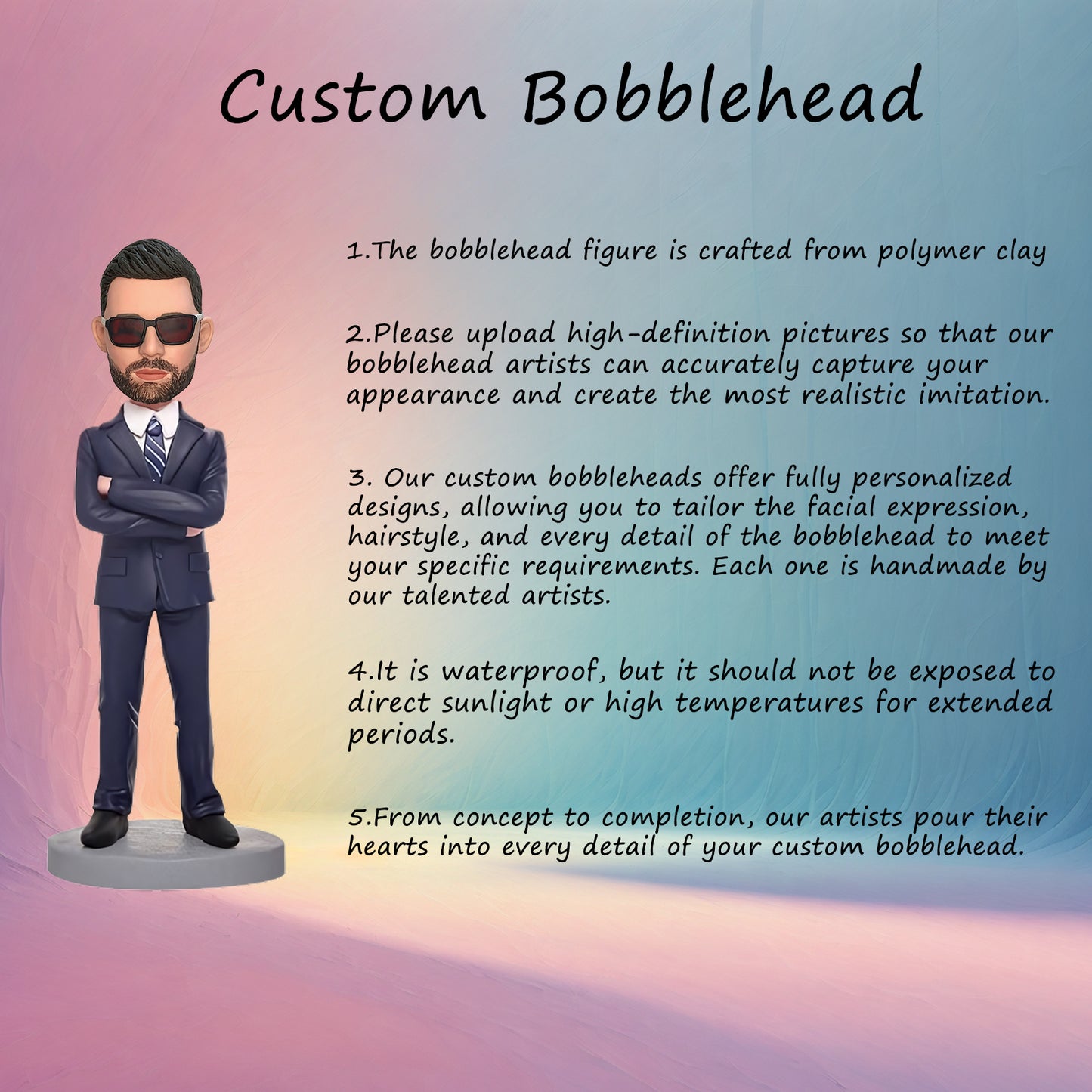 Custom Bobblehead of Businessman in Blue Suit with Inscribed Message