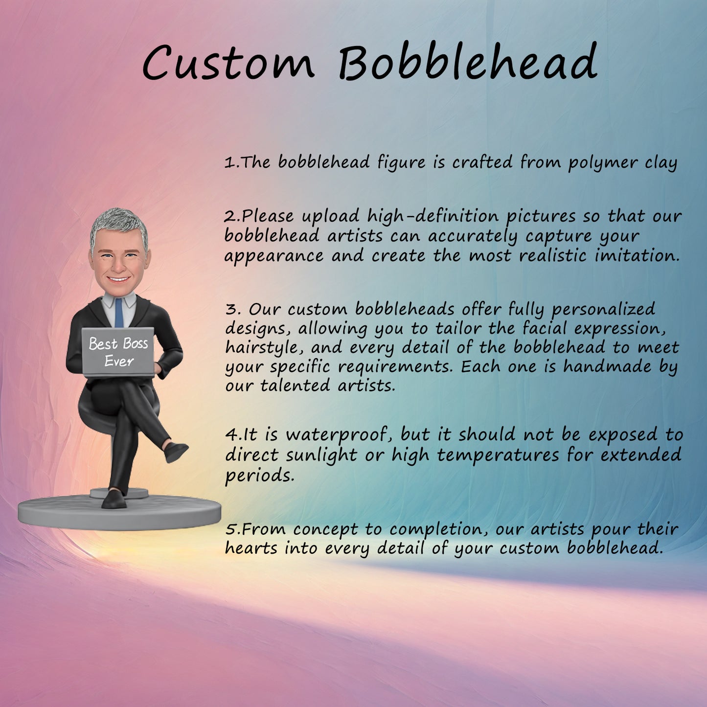 Custom Bobblehead of BEST BOSS EVER at Computer in Chair, Text Inscribed