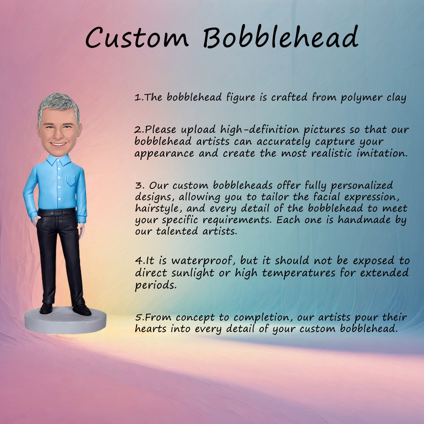 Custom Bobblehead for Executive Man Dressed in Blue Shirt With Etched Text