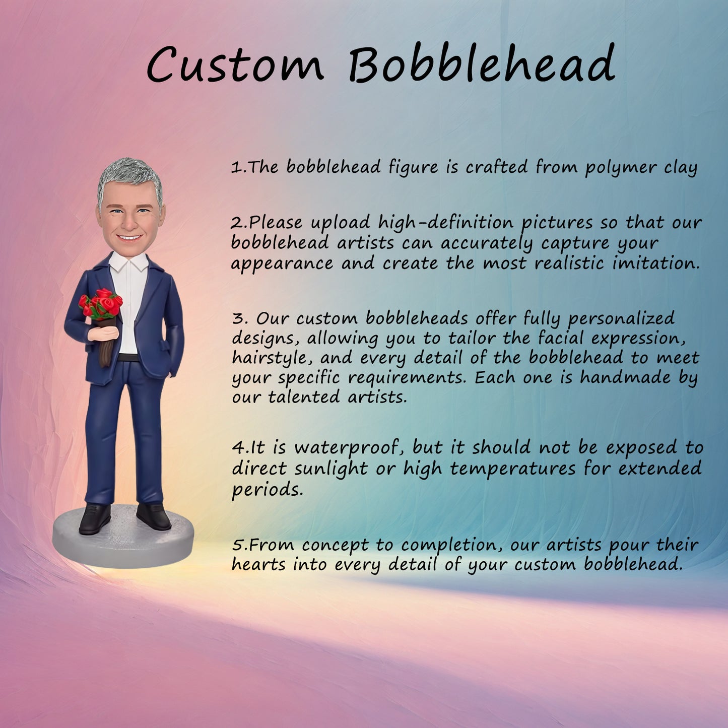 Custom Bobblehead: Man with Roses - A romantic bobblehead featuring a cool man clutching roses, customizable with your message.