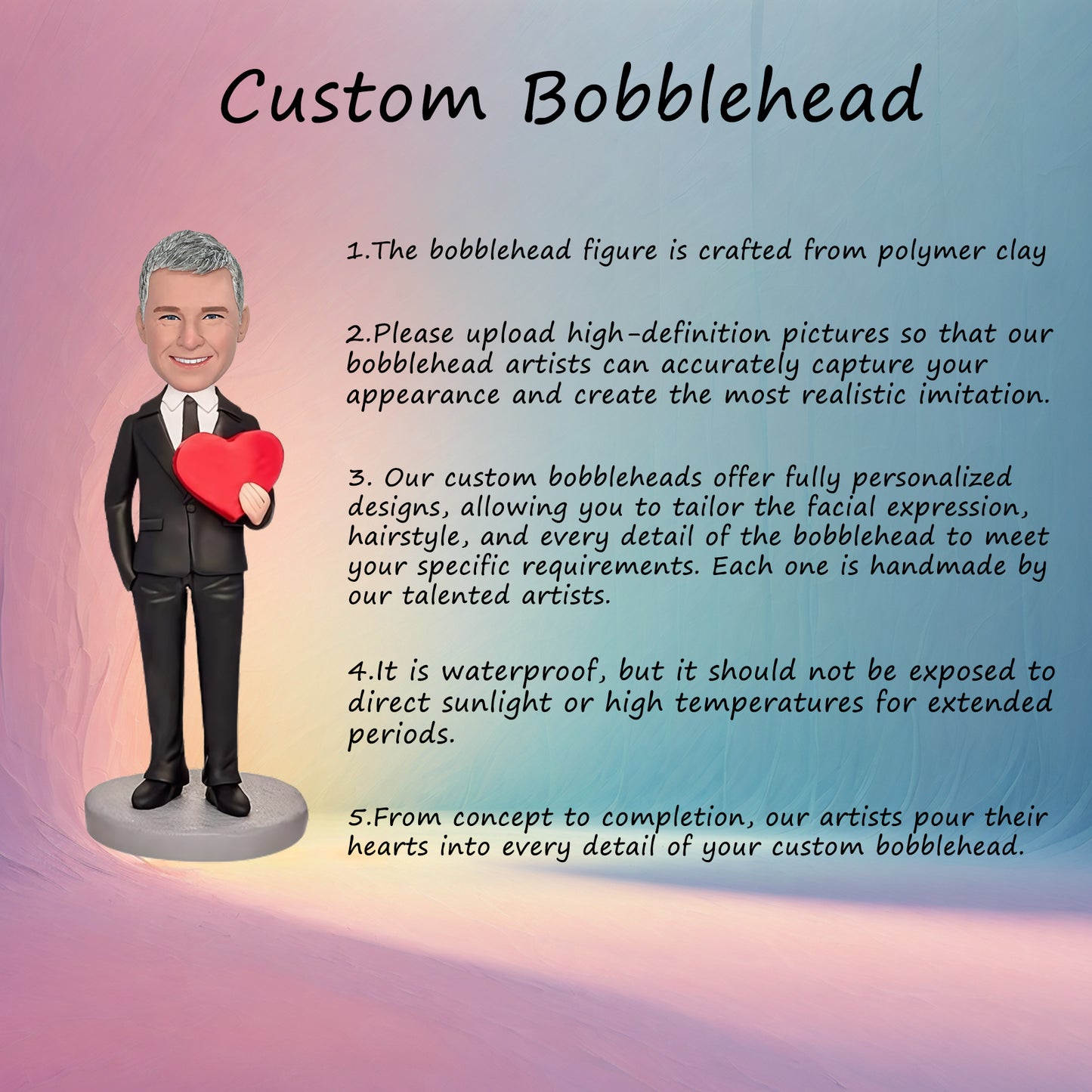 Custom Bobblehead: Man with Love Heart - This romantic bobblehead shows a man holding a love heart. Personalize it with engraved text for a unique gift that expresses your affection.