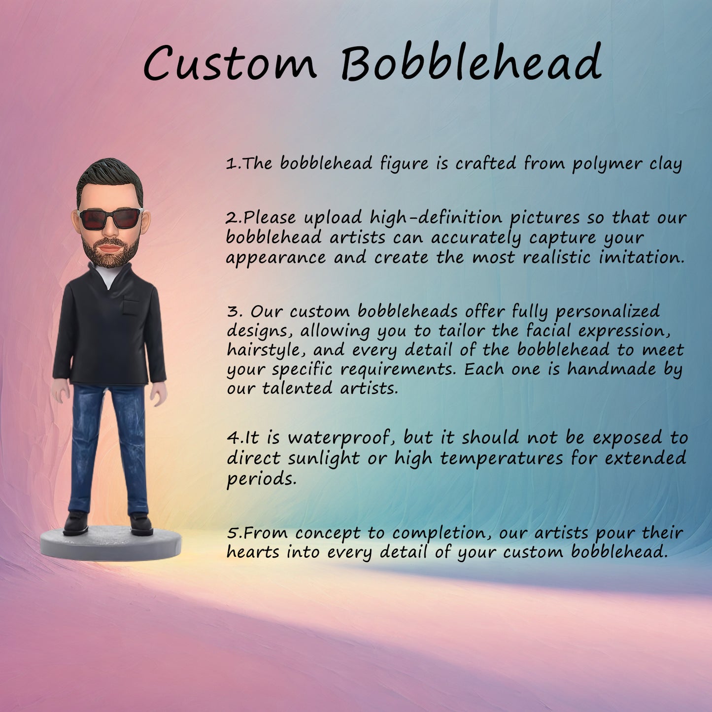 Custom Bobblehead: Fashion Casual Man - Showcasing a stylish and casually dressed man, this bobblehead can be personalized with engraved text, making it a trendy gift for fashion-forward individuals.