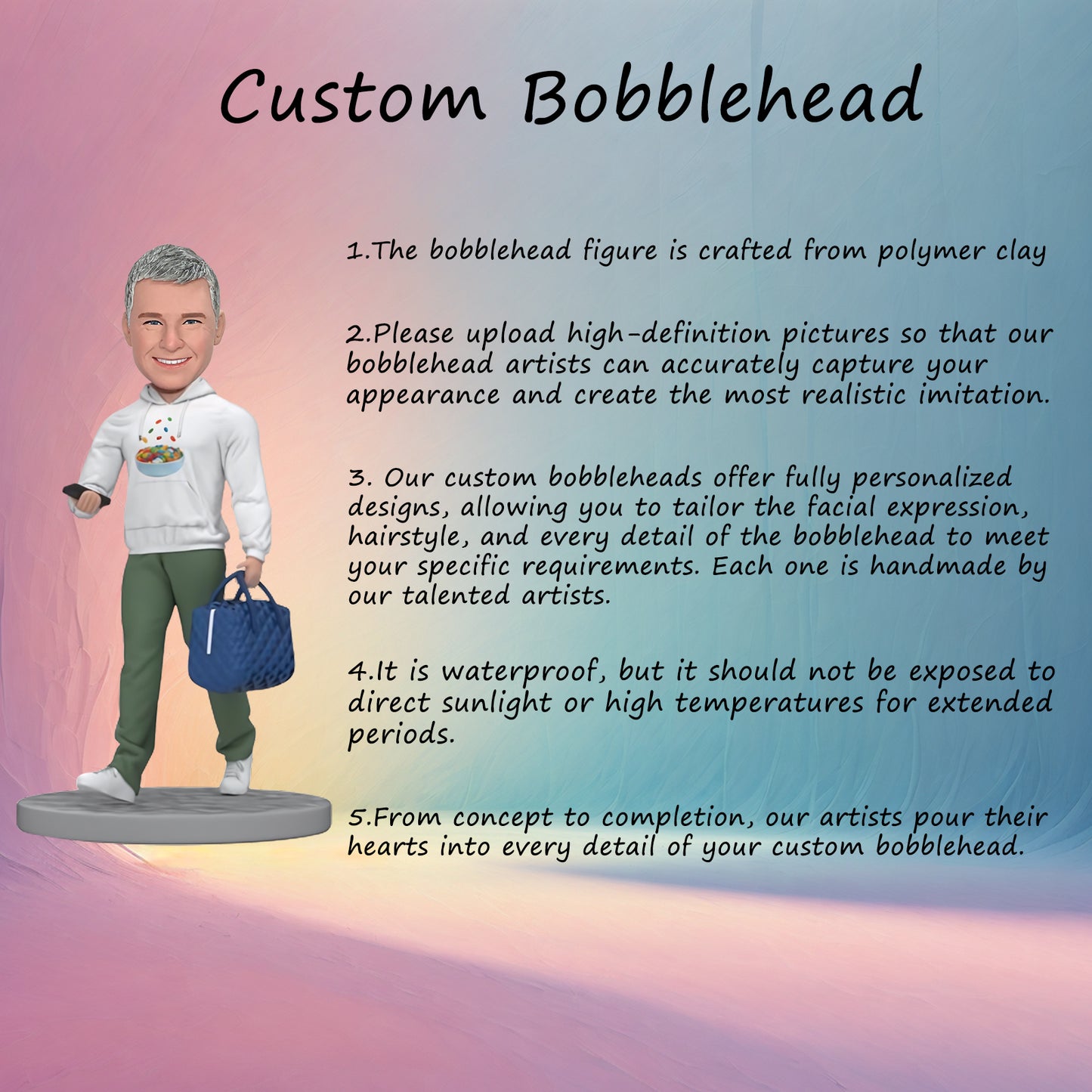 Custom Bobblehead: Man in White Sweater with Handbag - A stylish bobblehead, featuring a casual yet elegant look.